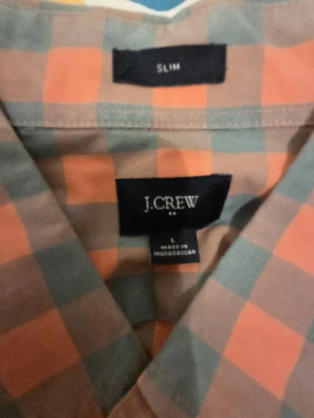 J Crew 100% Cotton Long Sleeve Shirt Slim Checker Print Teal/Orange Size Large